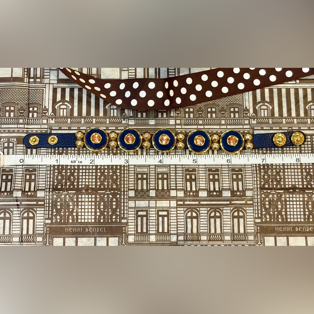 NEW FULL INCLUSION HENRI BENDEL BLUE/GOLD LEATHER BRACELET w/SWAROVSKI CRYSTALS - Picture 10 of 12